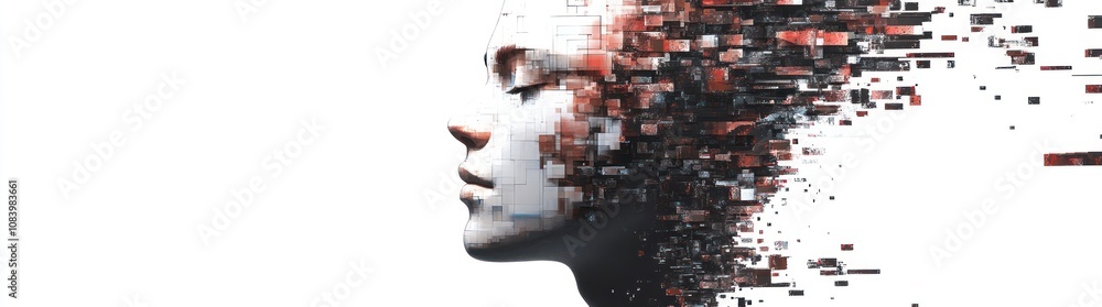 Poster a surreal depiction of a face disintegrating into digital fragments, symbolizing transformation.
