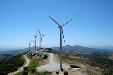 Wind turbines gracefully spin under the clear blue sky, showcasing clean energy generation