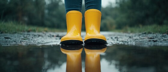 bright yellow rain boots standing in a puddle on a rainy day