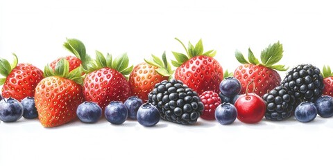 Obraz premium Vibrant Watercolor Painting of Fresh Strawberries, Blueberries, Blackberries, Raspberries, and Cherries - Summer Berry Border