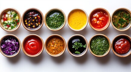 Twelve small bowls of various colorful sauces and dips arranged in rows.