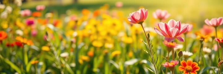 Fototapeta premium Vibrant yellow daffodil flowers blooming in a meadow under a clear blue sky, outdoors, landscape
