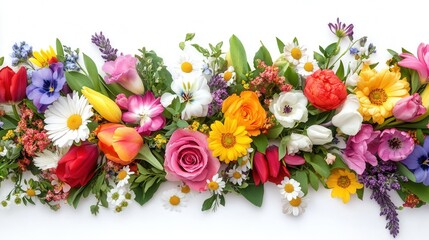 Obraz premium Vibrant Spring Flower Border Colorful Bouquet of Tulips, Roses, Daisies, and More on White Background - Perfect for Greeting Cards, Invitations, and Spring Themes