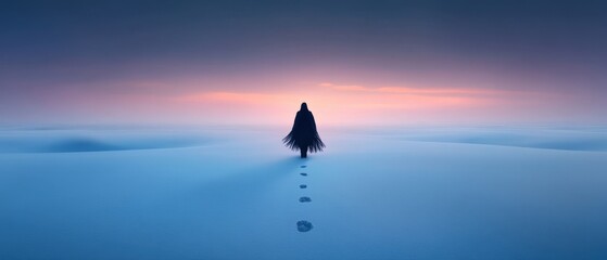 a solitary figure walking through a serene snowy landscape at twilight