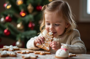 Naklejka premium A child eats Christmas cookies of various shapes (gingerbread men, Christmas trees, snowflakes) in sugar icing. Christmas mood