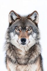 Fototapeta premium Majestic Gray Wolf Portrait Intense Eyes, Thick Fur, White Background - Wildlife Photography