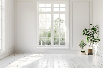 Fototapeta premium Scandinavian style, white room with window, summer view, home design, copy space for text, 3D rendering.