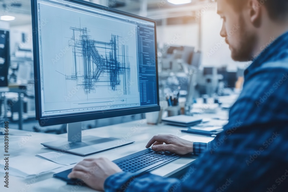 Poster industrial engineer working on desktop computer, developing a technical drawing in a modern factory