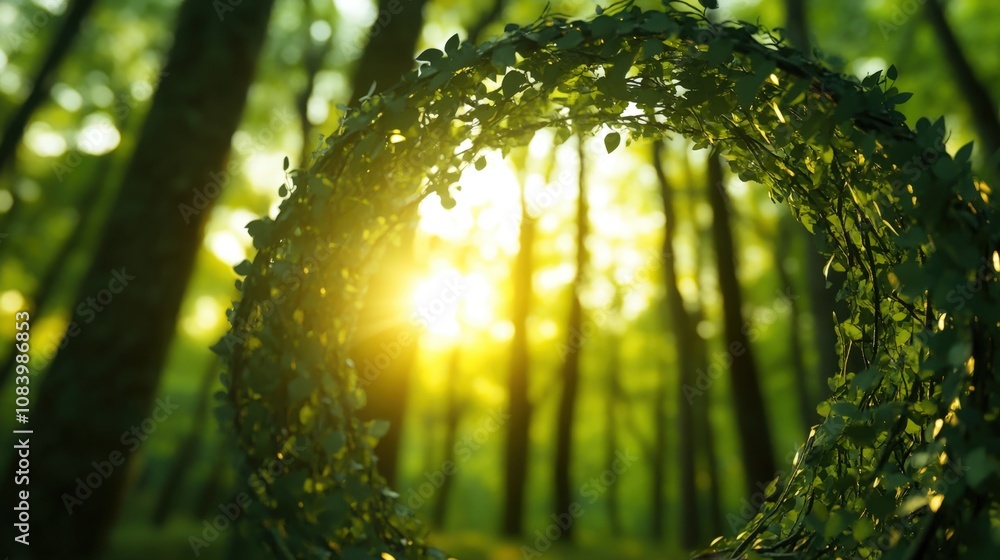 Poster a serene view of sunlight filtering through a circular frame of leaves in a lush forest