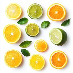 Fototapeta premium Vibrant Citrus Fruit Slices with Green Leaves Flat Lay of Oranges, Lemons, and Limes on White Background