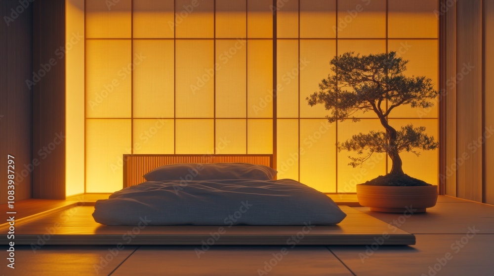 Poster calm and serene interior space with minimalist bed and bonsai tree surrounded by soft orange light t