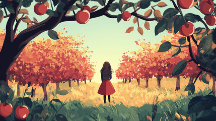 minimal artful illustration of a girl walking in apple orchard full of fruit on trees along  way