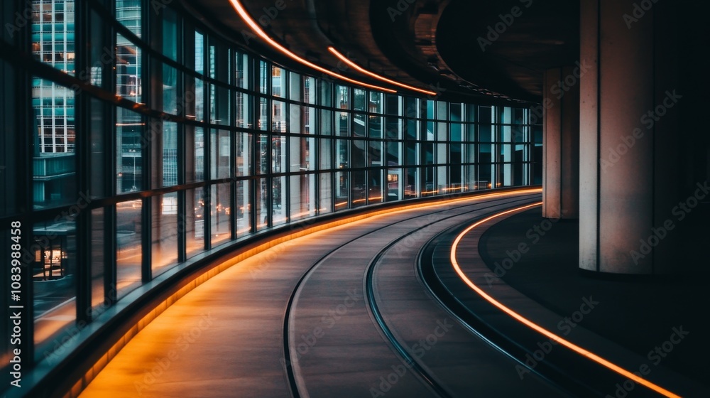 Poster modern architectural interior featuring a curved walkway with illuminated edges inside a glass build