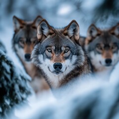 Obraz premium a close-up of wolves in a snowy forest setting