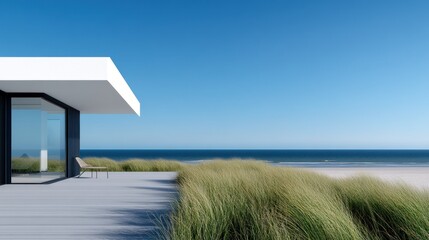 Modern beach house with a scenic ocean view and grassy surroundings.