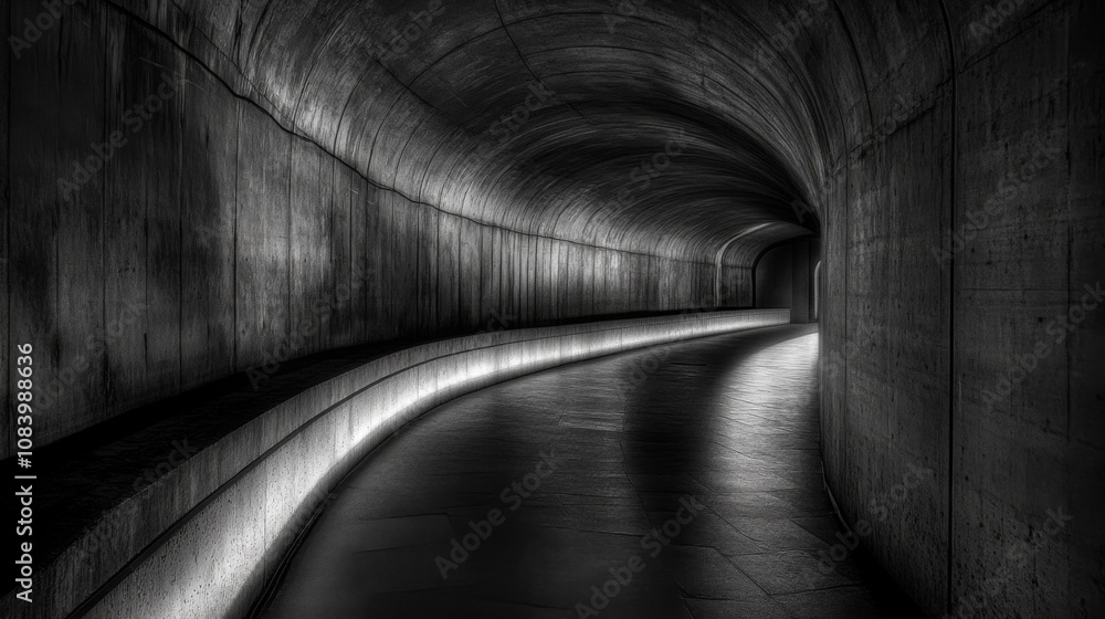 Fototapete A Captivating View of a Dark, Curved Concrete Tunnel with Soft Illuminated Edges Creating a Mysterious Atmosphere and Evoking Feelings of Intrigue and Exploration
