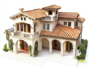 Luxurious Mediterranean Villa 3D Rendering  Architectural Design with Terracotta Roof, Balconies, and Lush Greenery