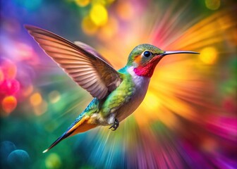 Fototapeta premium Abstract Hummingbird in Flight - Colorful, Dreamlike Imagery of a Hummingbird, Vibrant Colors, Motion Blur, Nature Art, Ethereal Background, Panoramic View, Stunning Visuals, Wildlife Photography