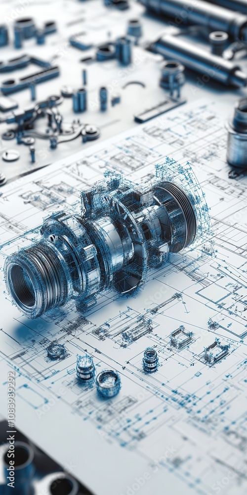 Poster mechanical component projected on engineering drawing with spare parts