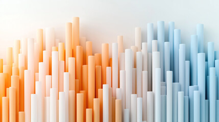 Obraz premium Abstract 3D illustration of many vertical cylindrical shapes in gradient colors transitioning from warm orange to cool blue on a light background.
