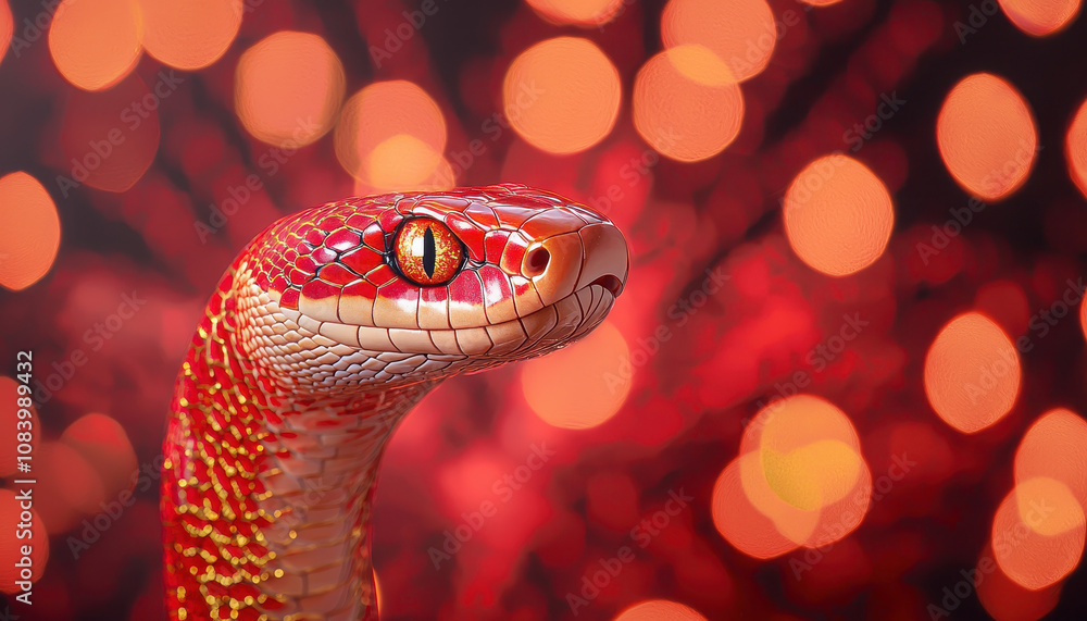 Poster lunar new year fireworks light up. stylized snake with bold red and gold patterns against vibrant ba