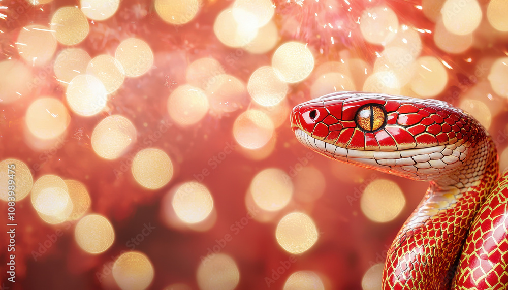 Poster lunar new year fireworks light up. stylized snake with bold red and gold patterns against sparkling 