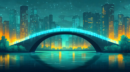 Obraz premium Illuminated bridge over river, cityscape at night.