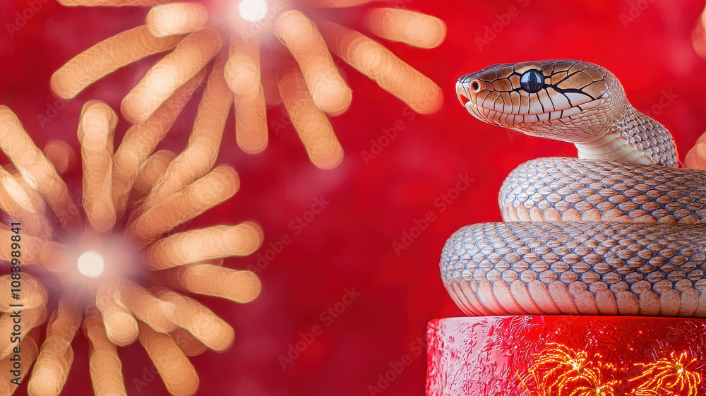 Poster lunar new year fireworks light up. coiled snake resting atop glowing red pedestal with festive light