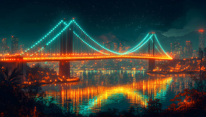 Obraz premium Illuminated suspension bridge at night, city skyline reflection in water.