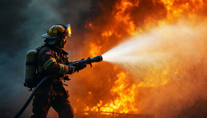 Naklejka premium A firefighter combats a fierce blaze, water cutting through smoke and flames dynamically.