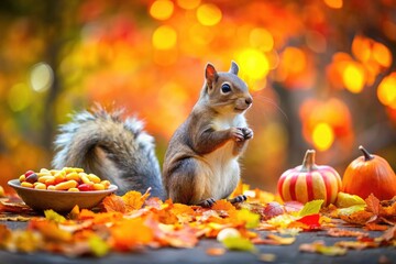 Adorable Squirrel with Halloween Candy Corn in a Whimsical Autumn Setting