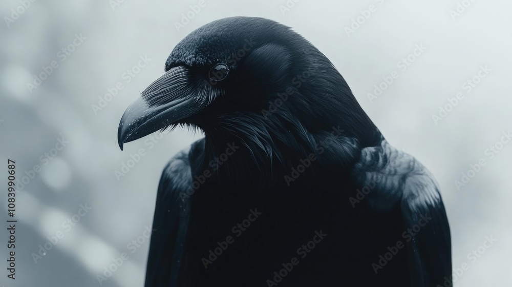 Poster close-up of a black bird with striking features in a misty environment