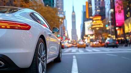 Compact rental car parked by a city street with a landmark visible