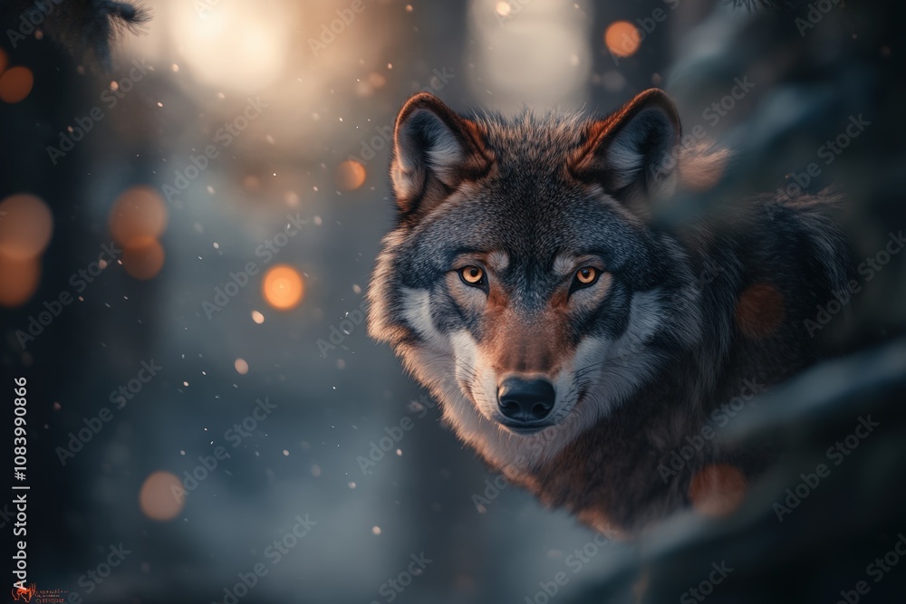 Poster a close-up view of a wolf in a forest setting with soft lighting and a mystical atmosphere