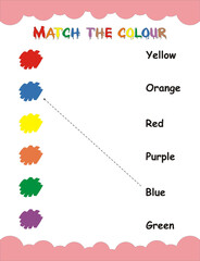Preschool worksheet for kids. Matching color names with colorful blobs.