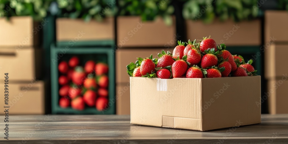 Poster a box filled with fresh strawberries, set against a backdrop of storage crates.