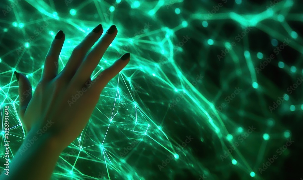 Aufkleber a hand reaching towards a glowing network of interconnected lines and nodes.