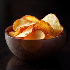 crispy potato chips in a wooden bowl