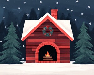Fototapeta premium Cozy winter cabin with snow, pine trees, and a glowing fireplace under a starry night sky, showcasing a festive holiday wreath.