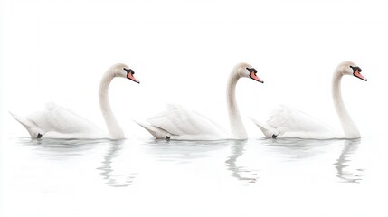Obraz premium Three Graceful White Swans Swimming in a Row on Calm Water - Elegant Nature Photography
