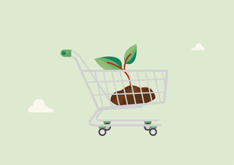 A shopping cart with fresh green leaves representing eco-friendly shopping and sustainable consumption. Sustainable Shopping Cart Eco Growth Concept Illustration. Flat vector illustration