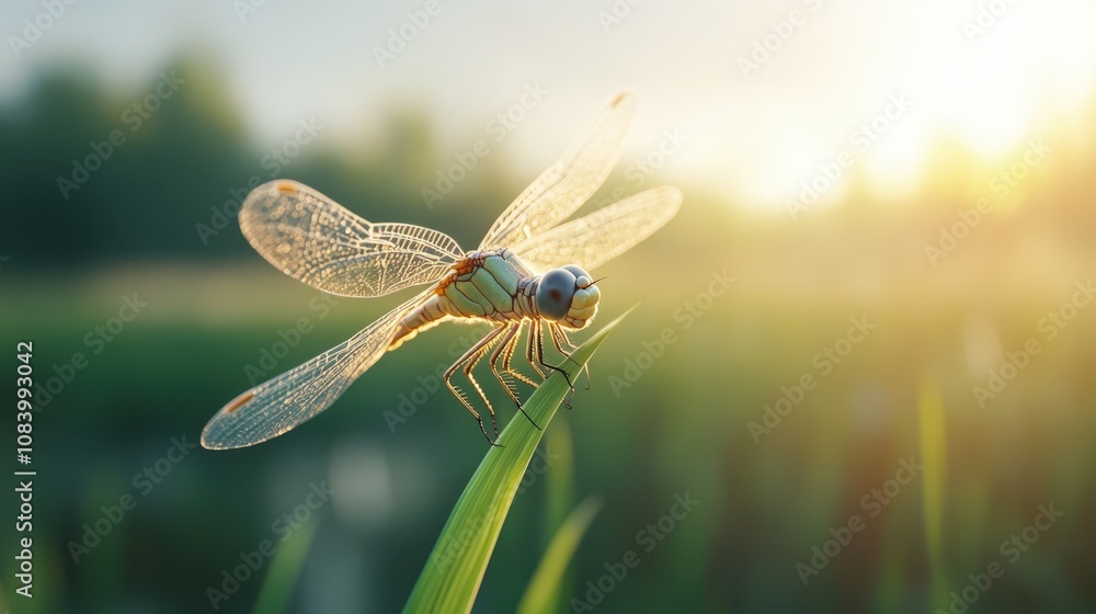 Poster close-up of a dragonfly resting on a blade of grass with a soft sunset background