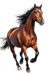 Obraz premium Majestic Chestnut Horse in Motion Dynamic Gallop Against White Background, High-Resolution Stock Photo