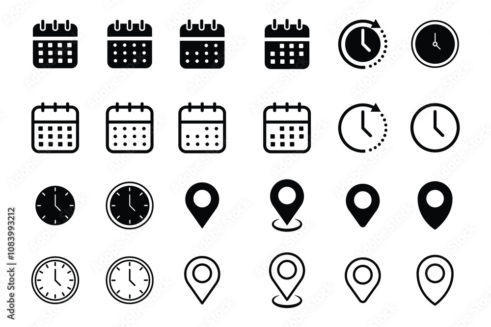 Poster address location icon. stopwatch timer icon. date calendar icon , web vector feel and outline icons 