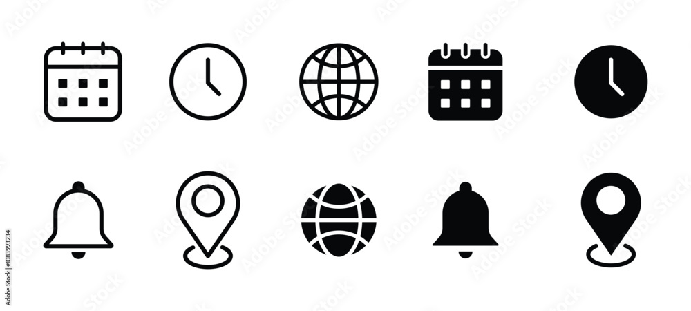 Aufkleber address location icon. stopwatch timer icon. notification bell icon. date calendar icon. website glo