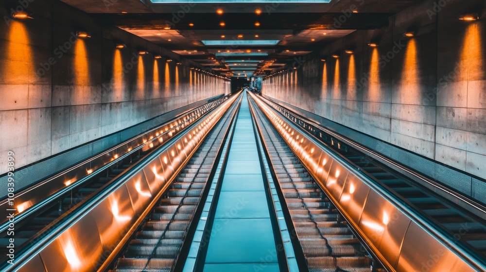 Aufkleber Modern Escalator in an Urban Underground Station with Smooth Surface, Bright Lighting, and a Sense of Depth Creating a Dynamic Perspective and Visual Interest
