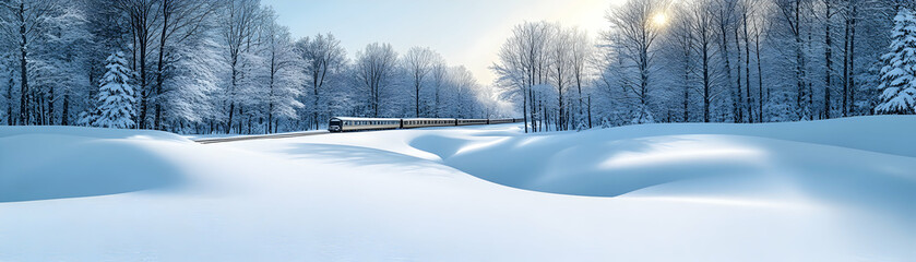Fototapeta premium Winter wonderland scene with snow-covered trees and a train passing through.