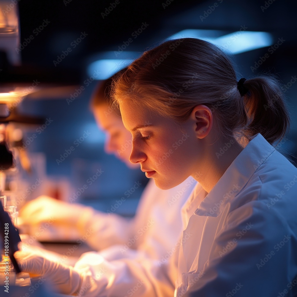 Poster scientist working in a laboratory with a microscope