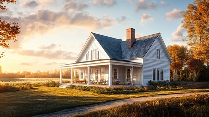 Obraz premium High-quality render of a farmhouse with a saltbox roof, rural setting, wooden shingles, warm sunlight,