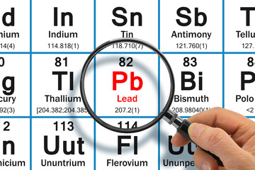 LEAD PB CHEMICAL ELEMENT WITH THE MENDELEEV PERIODIC TABLE - Concept with a magnifying glass.